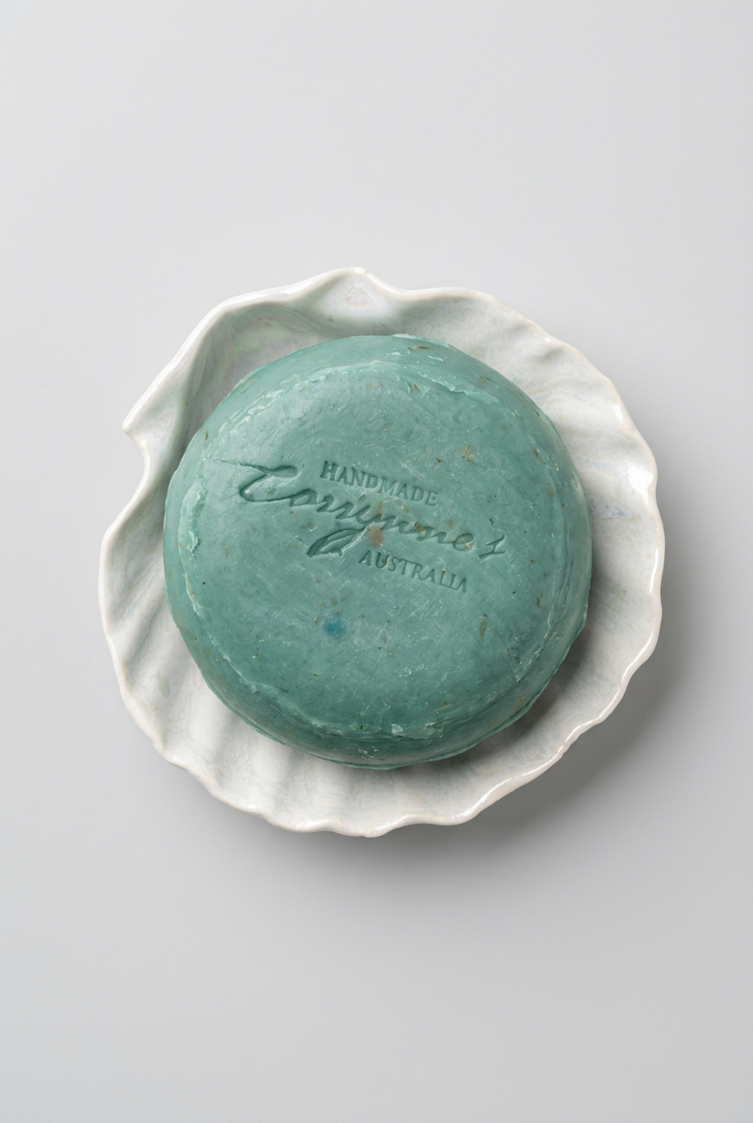 A round teal ceramic dish or plate with embossed text reading 'Handmade Cornington Australia' on the bottom, resting on a scalloped beige ceramic saucer over a wooden tabletop.