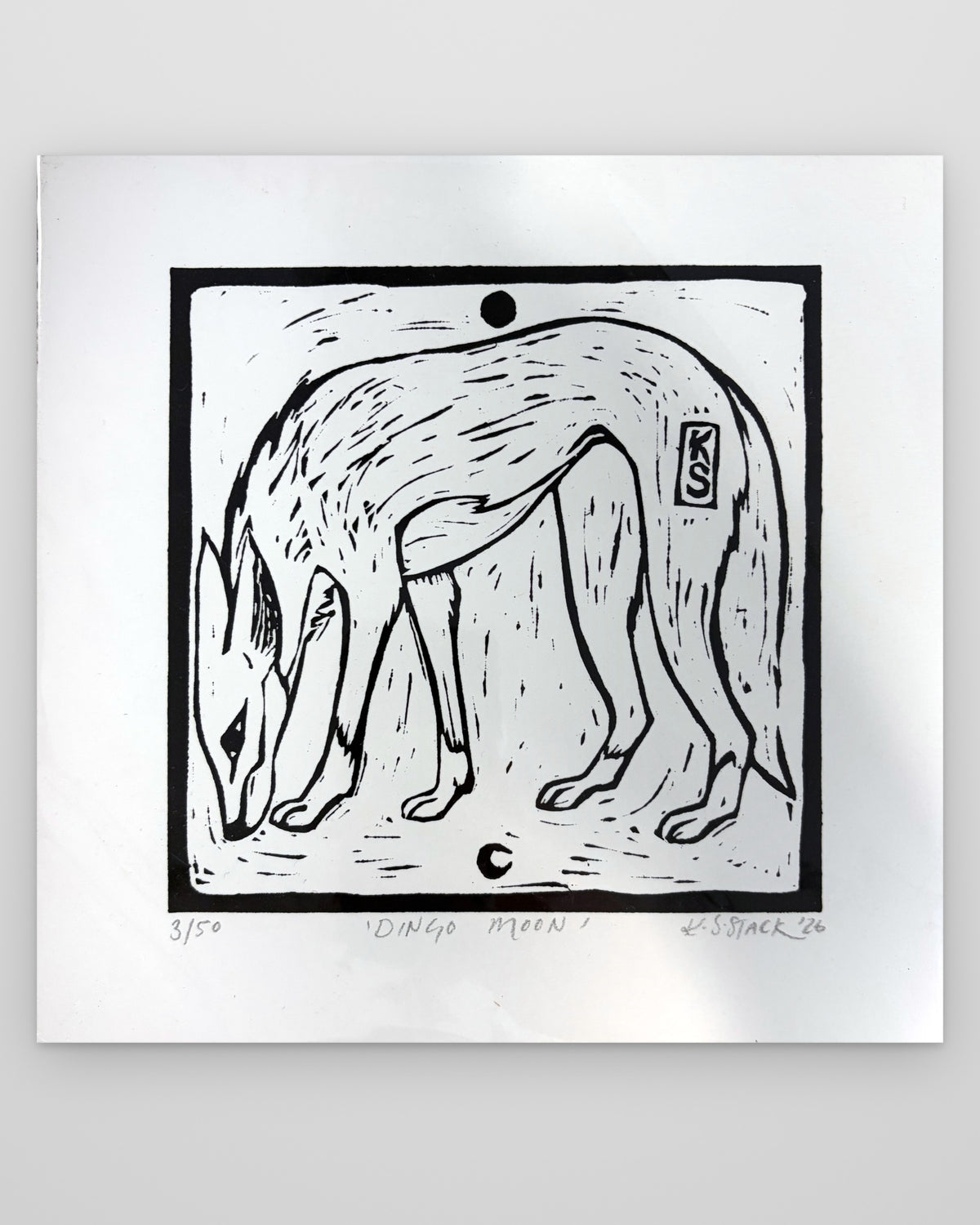 Dingo Moon – black and white lino print by Kyeesha Sky Stack
