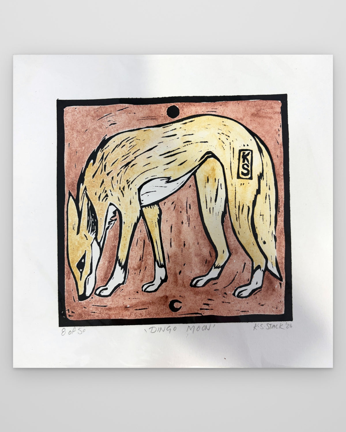 Dingo Moon – colour lino print by Kyeesha Sky Stack