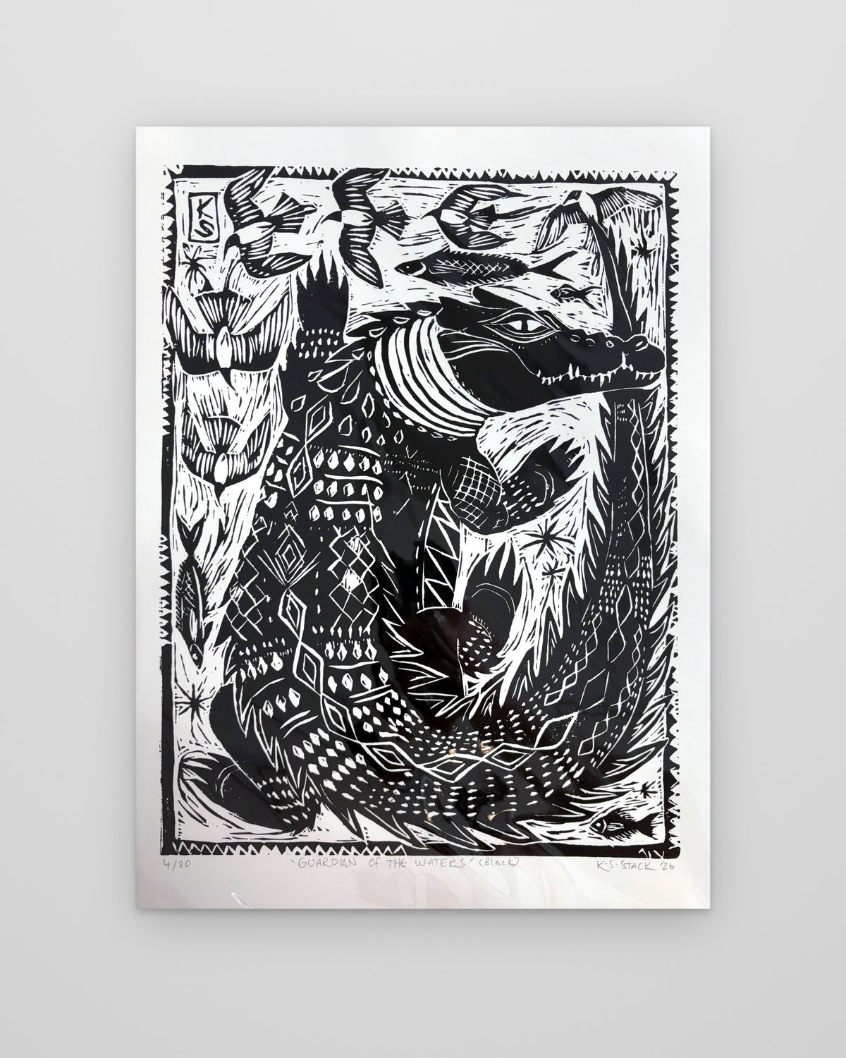 Guardian of the Waters – Black Croc, lino print by Kyeesha Sky Stack