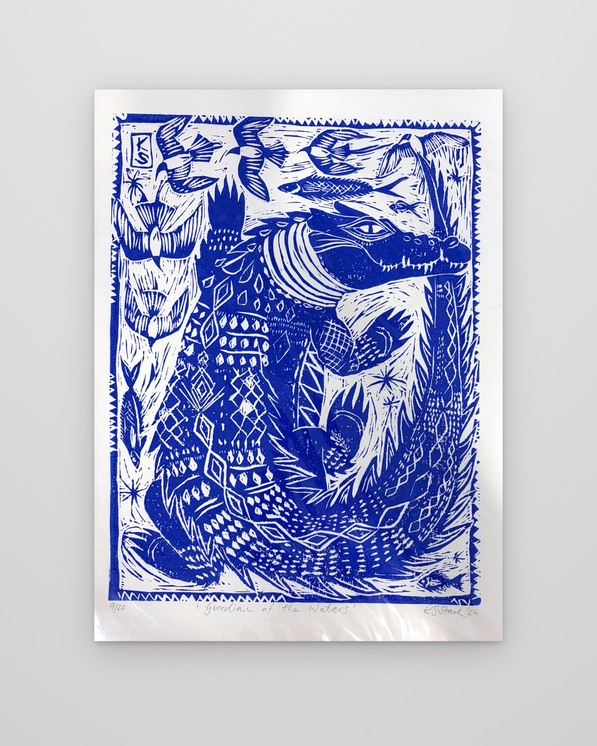Guardian of the Waters – Blue Croc, lino print by Kyeesha Sky Stack