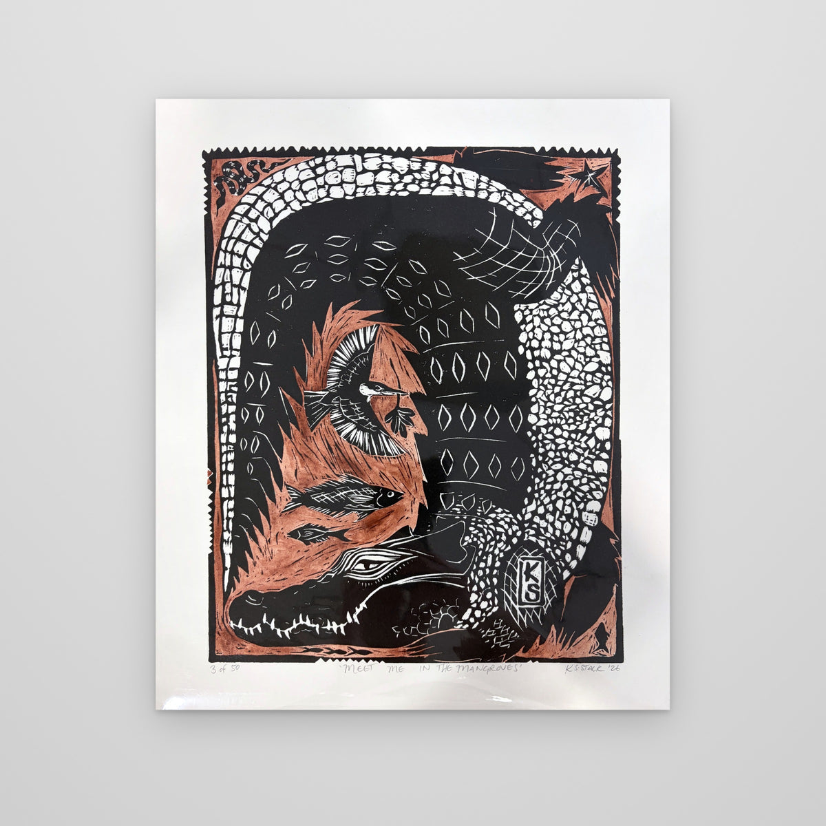 Meet Me in the Mangroves – Headstand Croc, lino print by Kyeesha Sky Stack