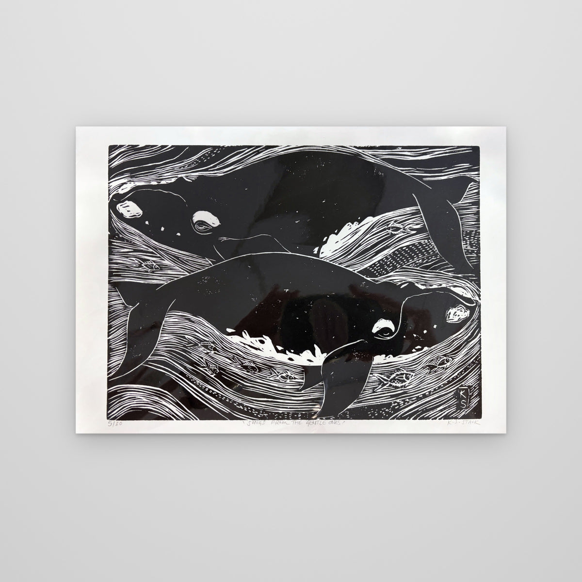 Songs from the Gentle Ones – Southern Right whales, lino print by Kyeesha Sky Stack