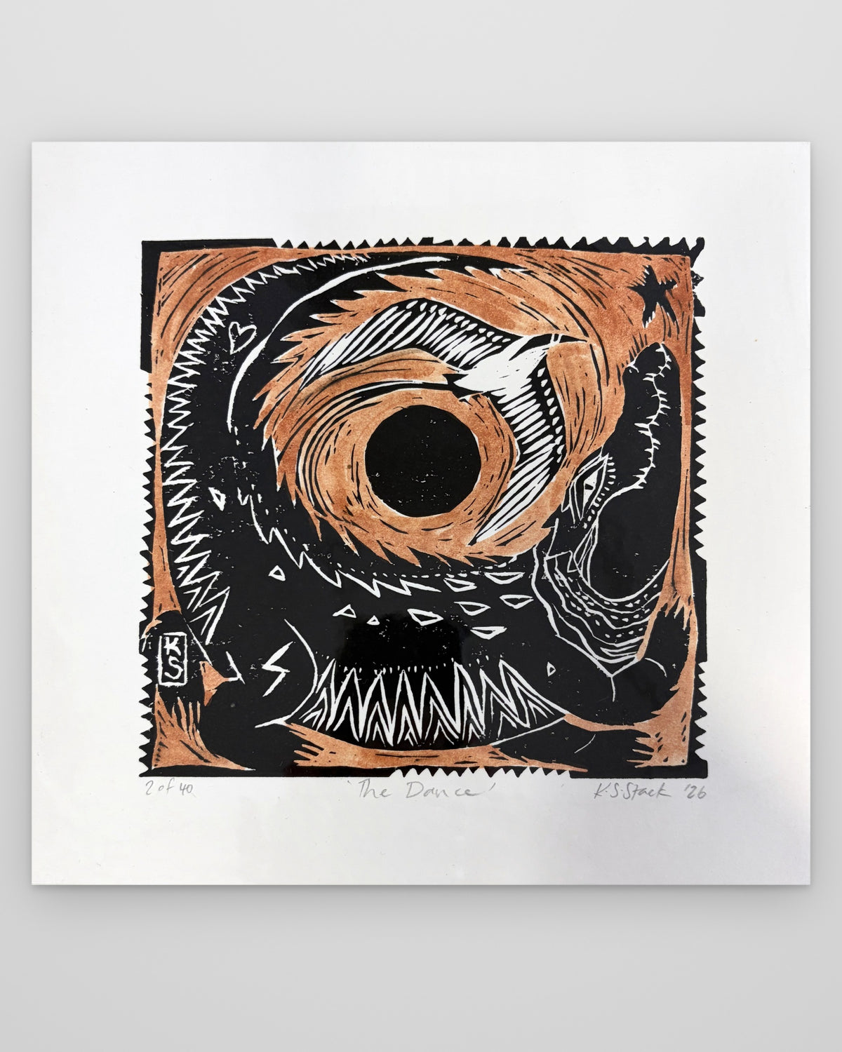 The Dance – colour lino print by Kyeesha Sky Stack