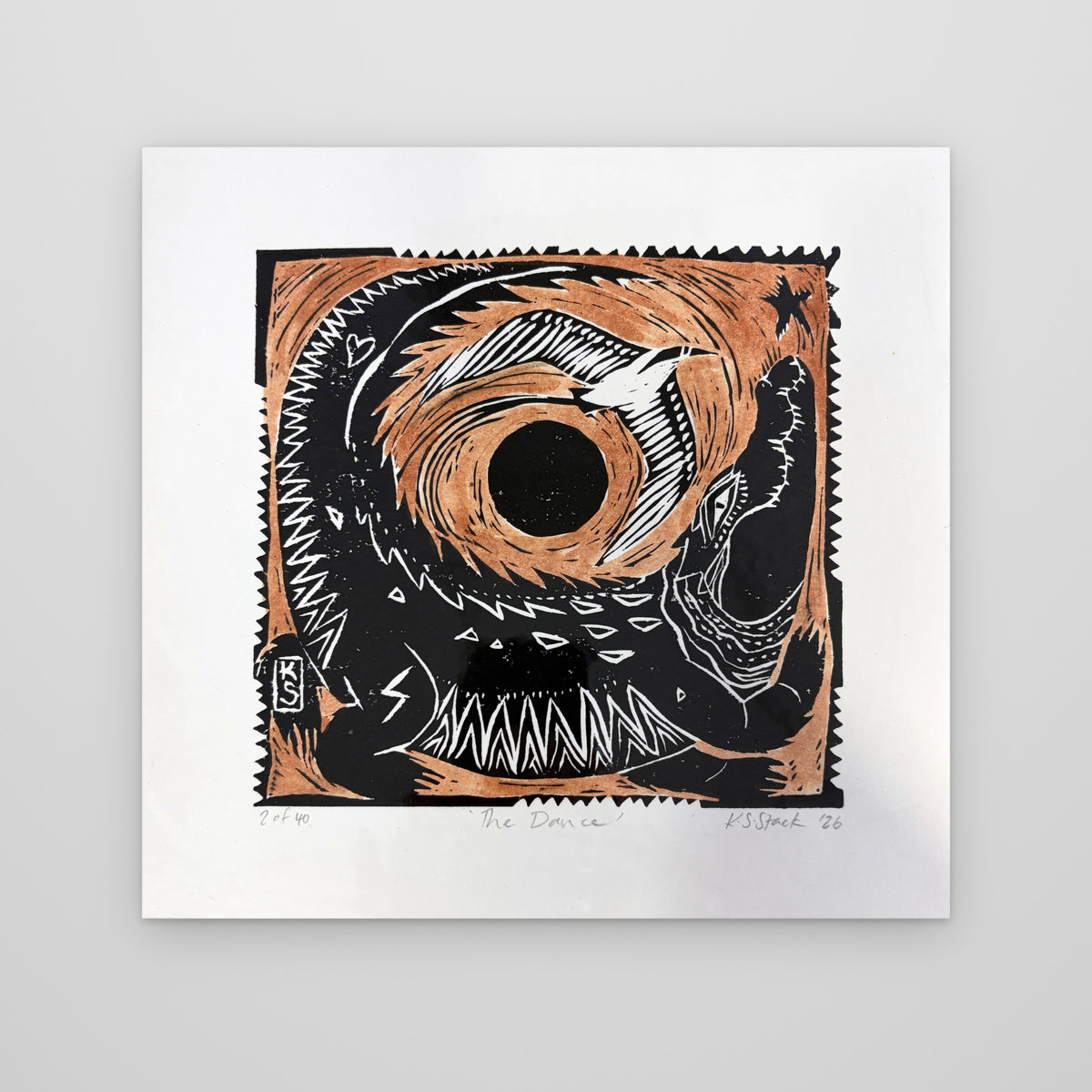 The Dance – colour lino print by Kyeesha Sky Stack