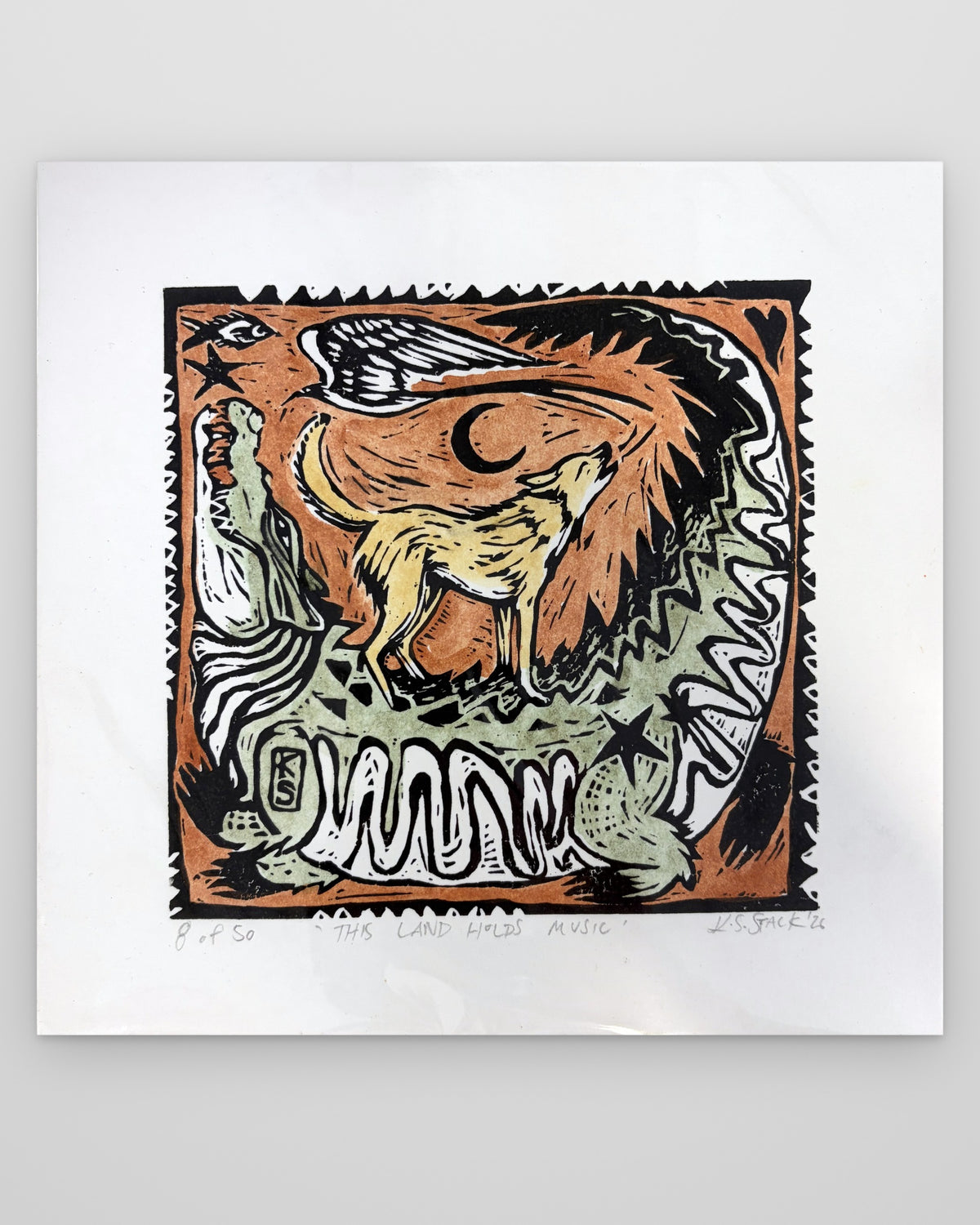 This Land Holds Music – colour lino print by Kyeesha Sky Stack, second view