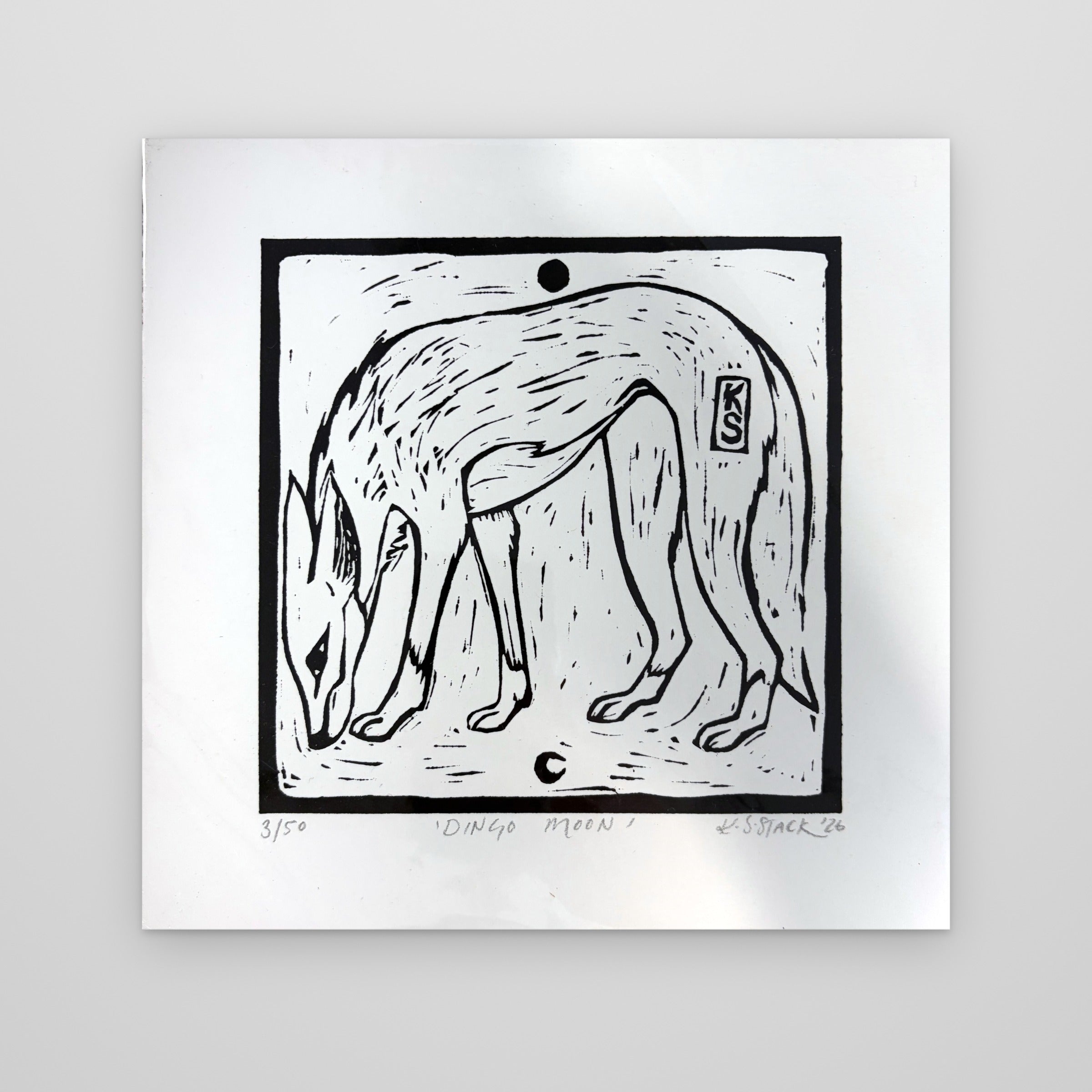 Dingo Moon – black and white lino print by Kyeesha Sky Stack