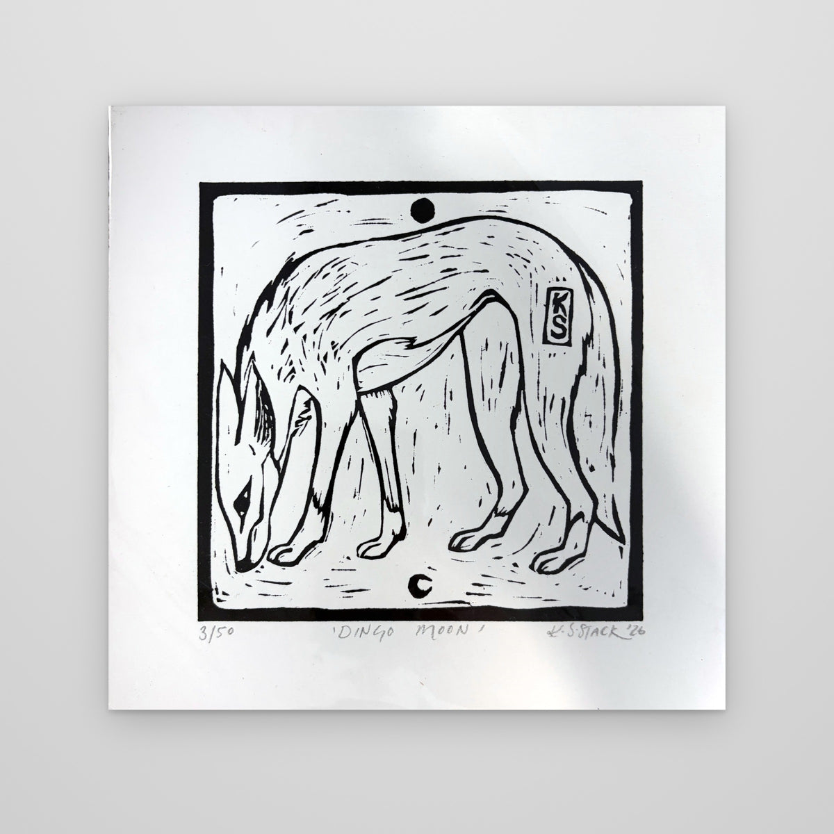 Dingo Moon – black and white lino print by Kyeesha Sky Stack