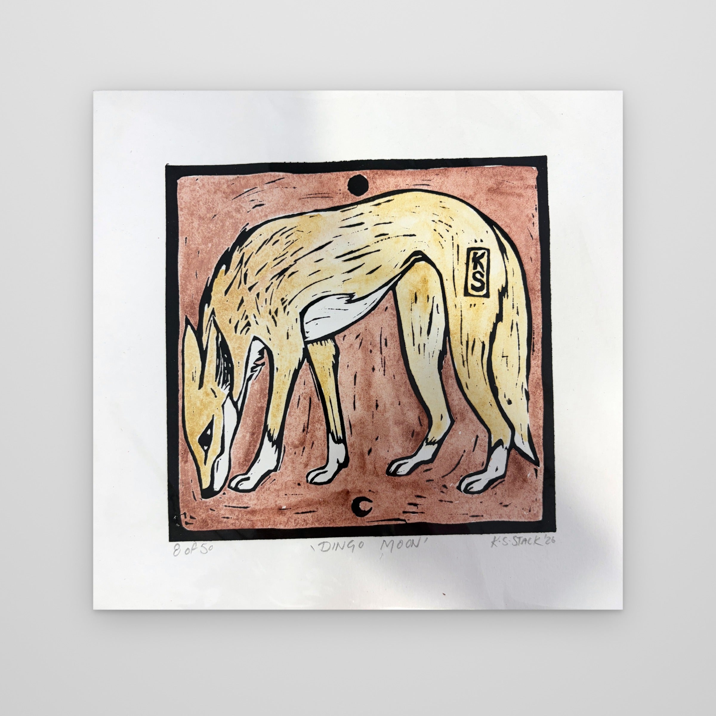 Dingo Moon – colour lino print by Kyeesha Sky Stack