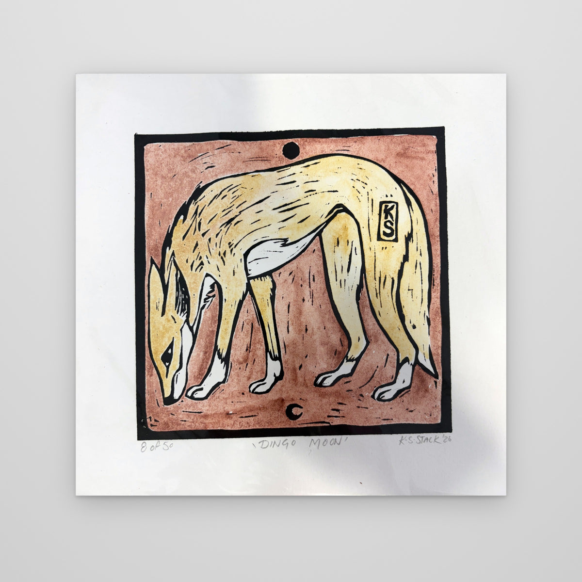 Dingo Moon – colour lino print by Kyeesha Sky Stack