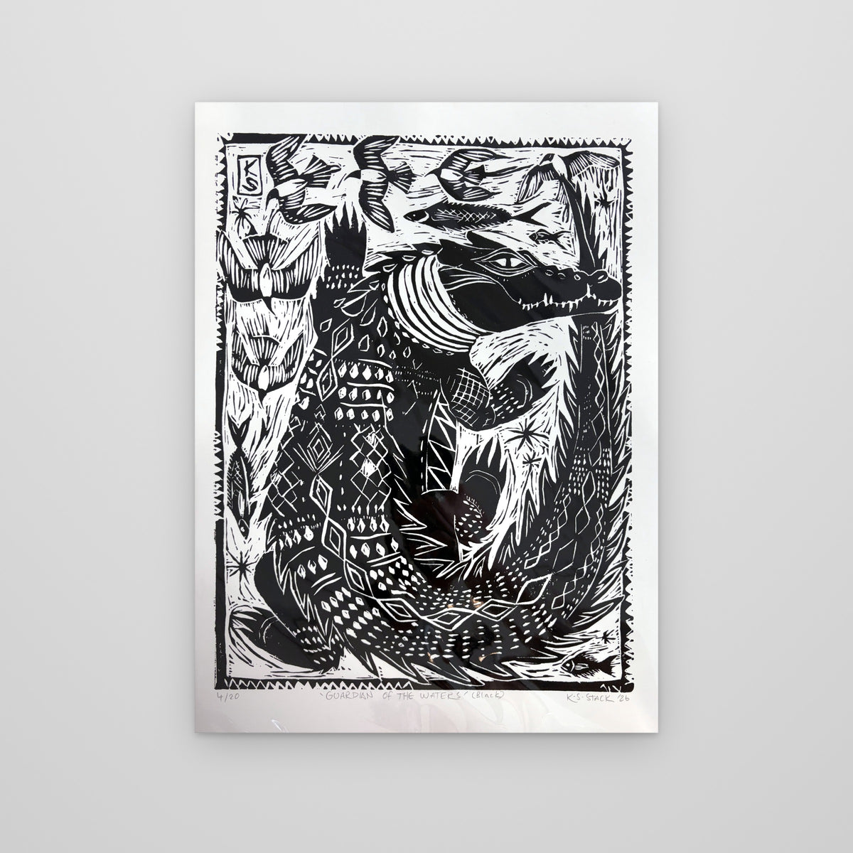 Guardian of the Waters – Black Croc, lino print by Kyeesha Sky Stack
