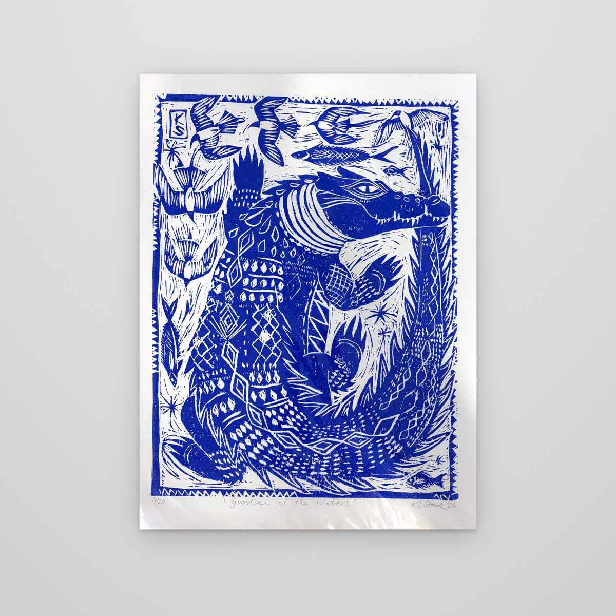 Guardian of the Waters – Blue Croc, lino print by Kyeesha Sky Stack