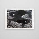 Songs from the Gentle Ones – Southern Right whales, lino print by Kyeesha Sky Stack