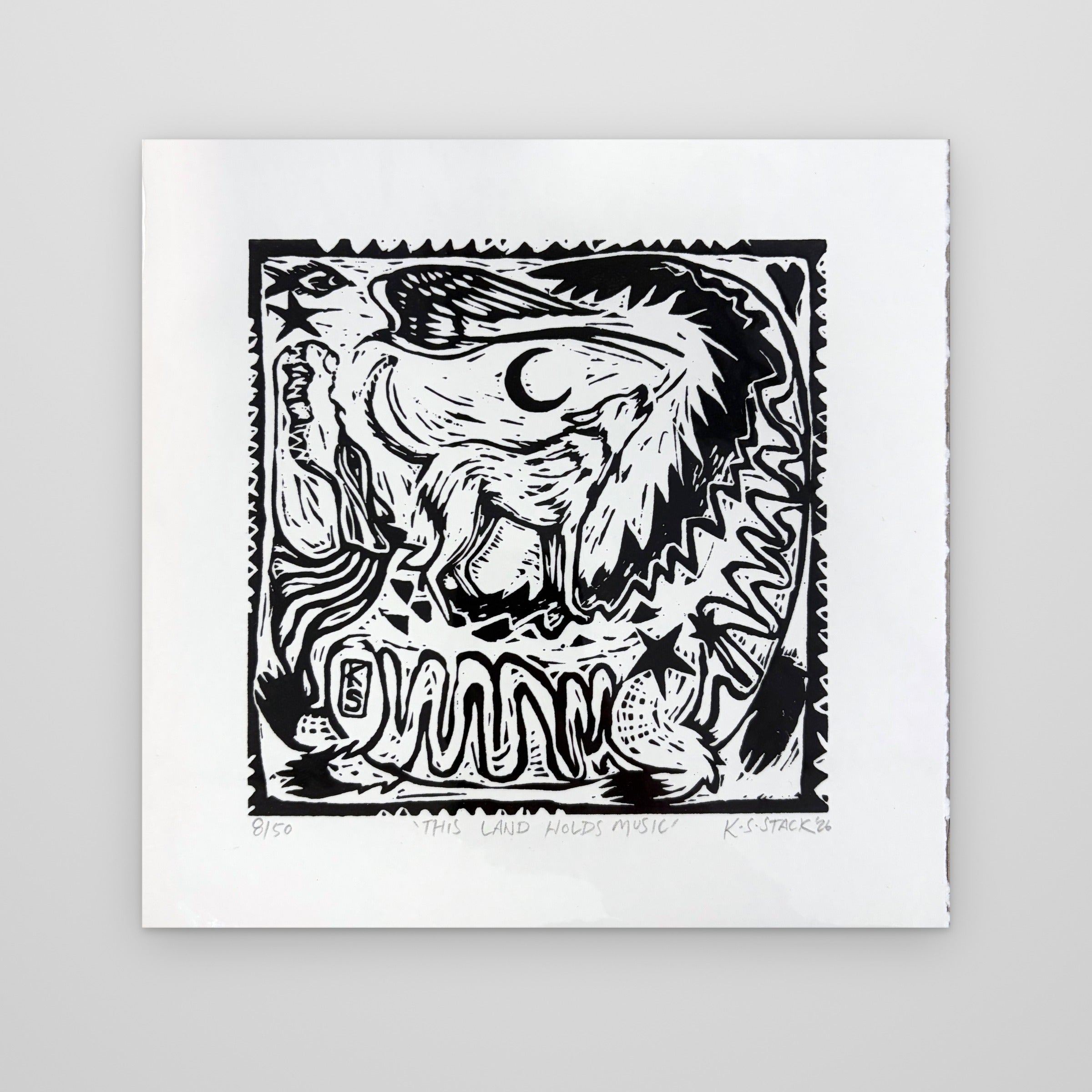 This Land Holds Music – black and white lino print by Kyeesha Sky Stack