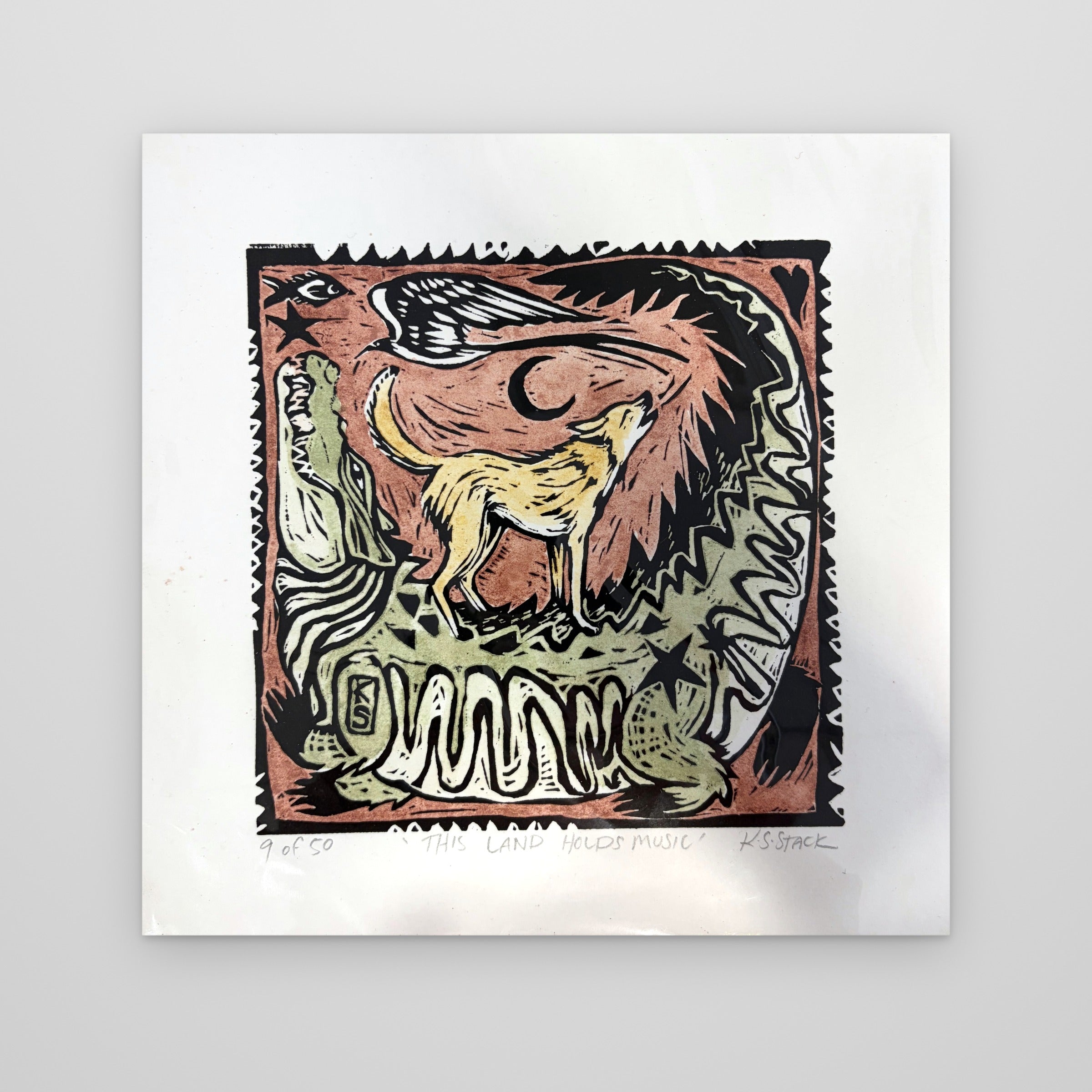 This Land Holds Music – colour lino print by Kyeesha Sky Stack