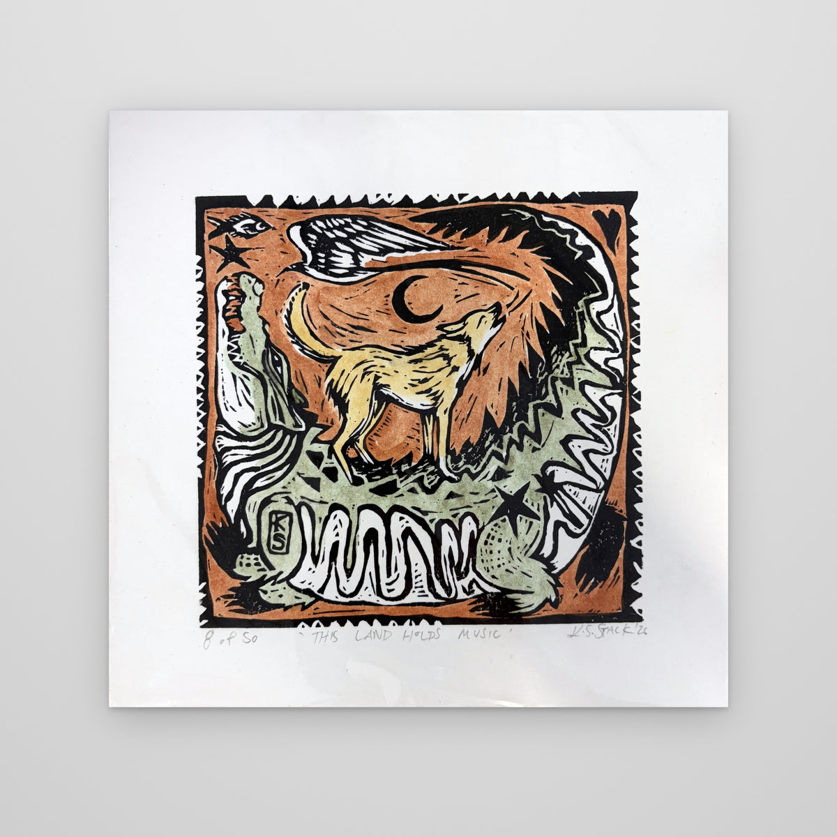 This Land Holds Music – colour lino print by Kyeesha Sky Stack, second view